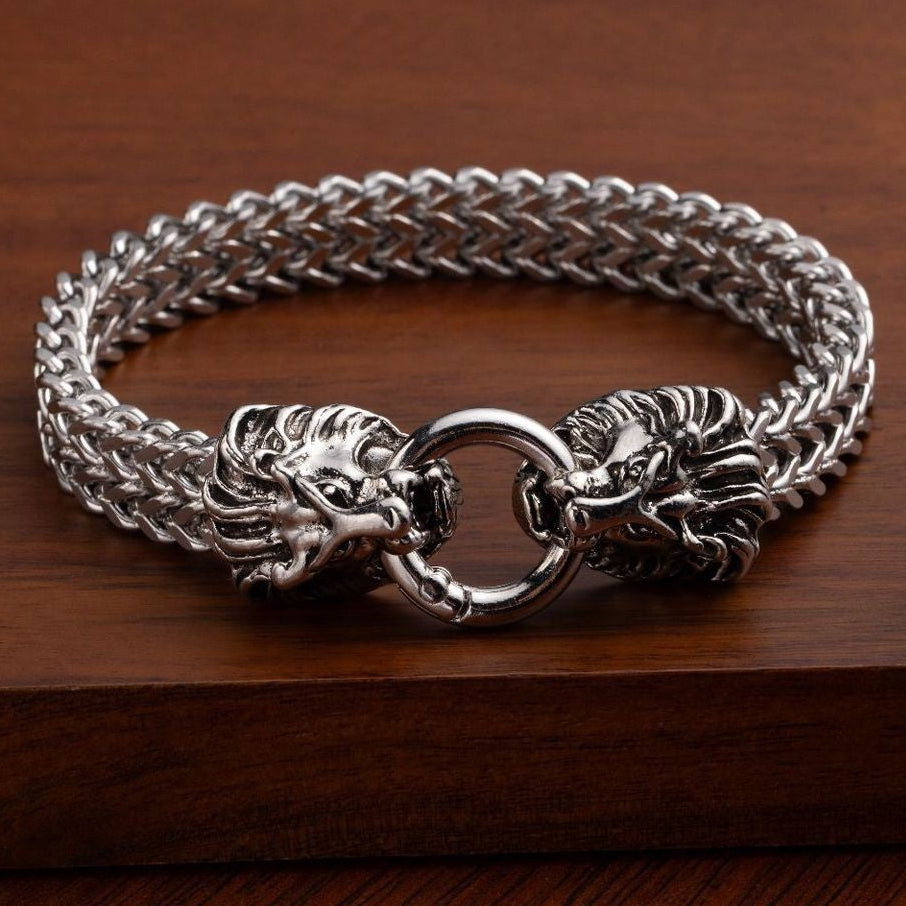 Silver Lion Head Mesh Bracelet – Stainless Steel Bold Chain Bracelet, Luxury Statement Jewelry
