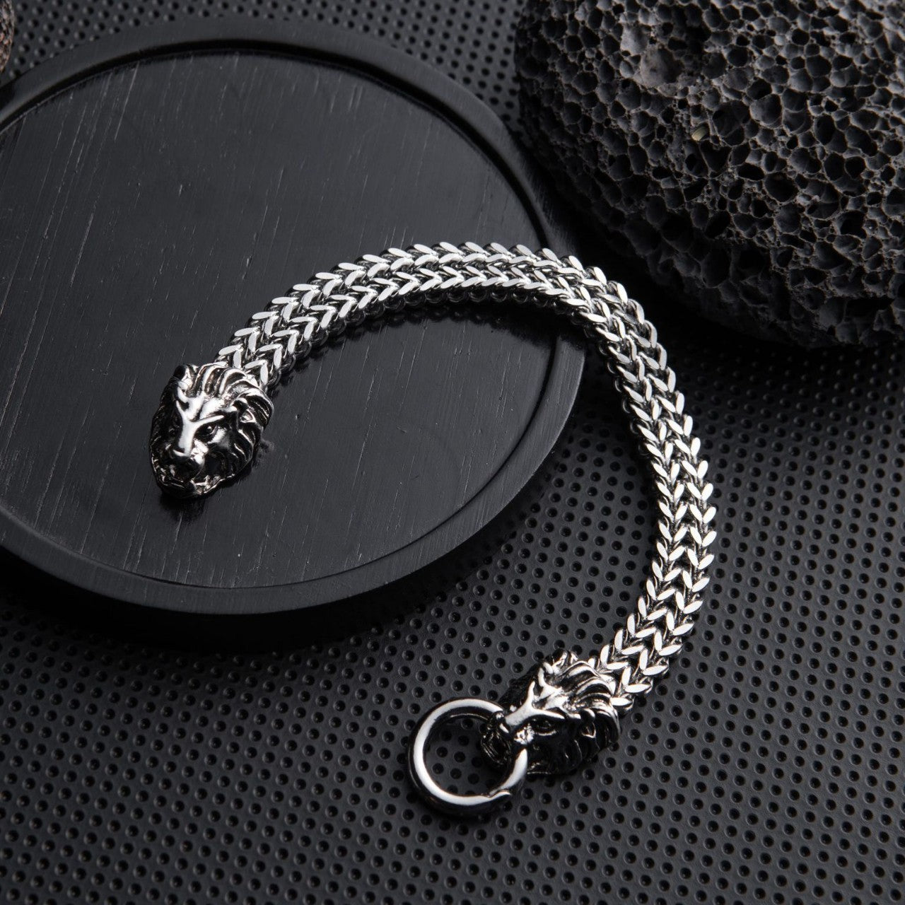 Silver Lion Head Mesh Bracelet – Stainless Steel Bold Chain Bracelet, Luxury Statement Jewelry