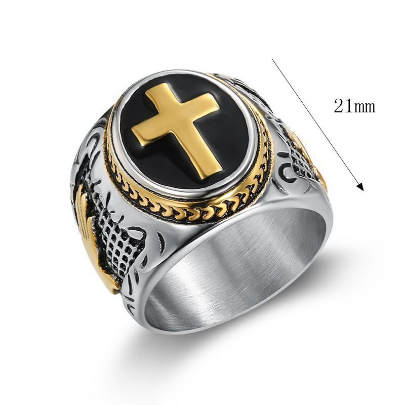 Gold Cross Signet Ring – Christian Faith Ring for Men, Stainless Steel Religious Ring, Black Onyx Style Cross Ring, Catholic Jewelry