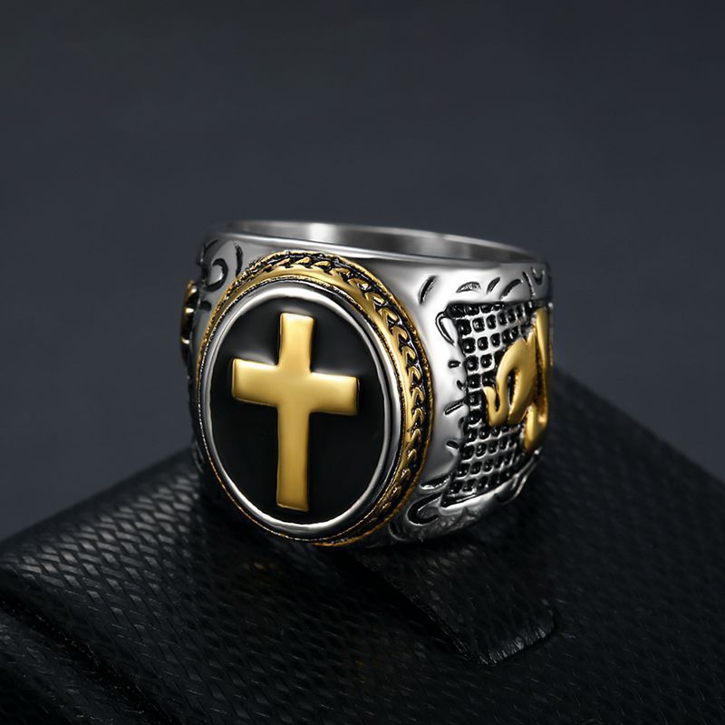 Gold Cross Signet Ring – Christian Faith Ring for Men, Stainless Steel Religious Ring, Black Onyx Style Cross Ring, Catholic Jewelry