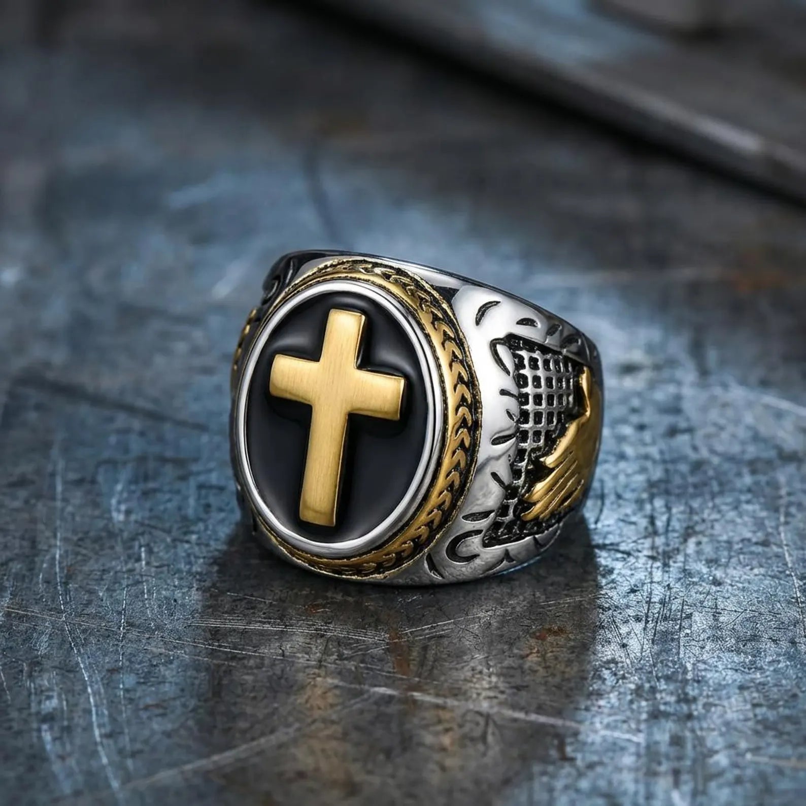 Gold Cross Signet Ring – Christian Faith Ring for Men, Stainless Steel Religious Ring, Black Onyx Style Cross Ring, Catholic Jewelry