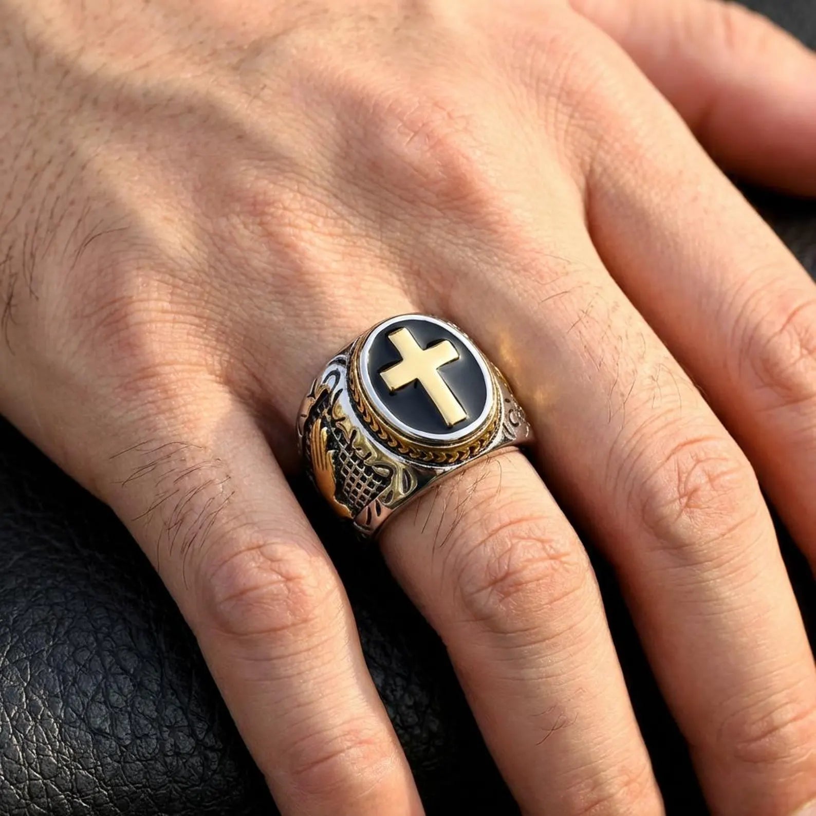 Gold Cross Signet Ring – Christian Faith Ring for Men, Stainless Steel Religious Ring, Black Onyx Style Cross Ring, Catholic Jewelry