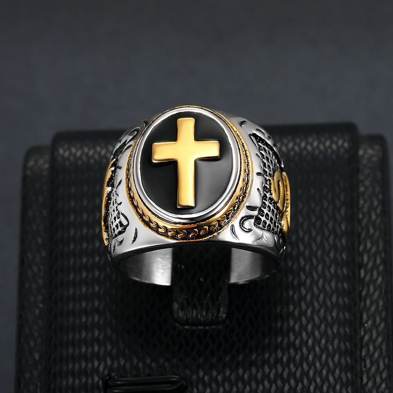 Gold Cross Signet Ring – Christian Faith Ring for Men, Stainless Steel Religious Ring, Black Onyx Style Cross Ring, Catholic Jewelry