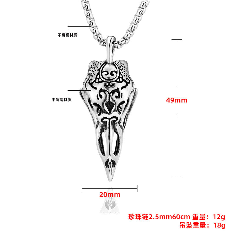 Silver Raven Bird Skull Pendant Necklace: Stainless Steel Steampunk Jewellery