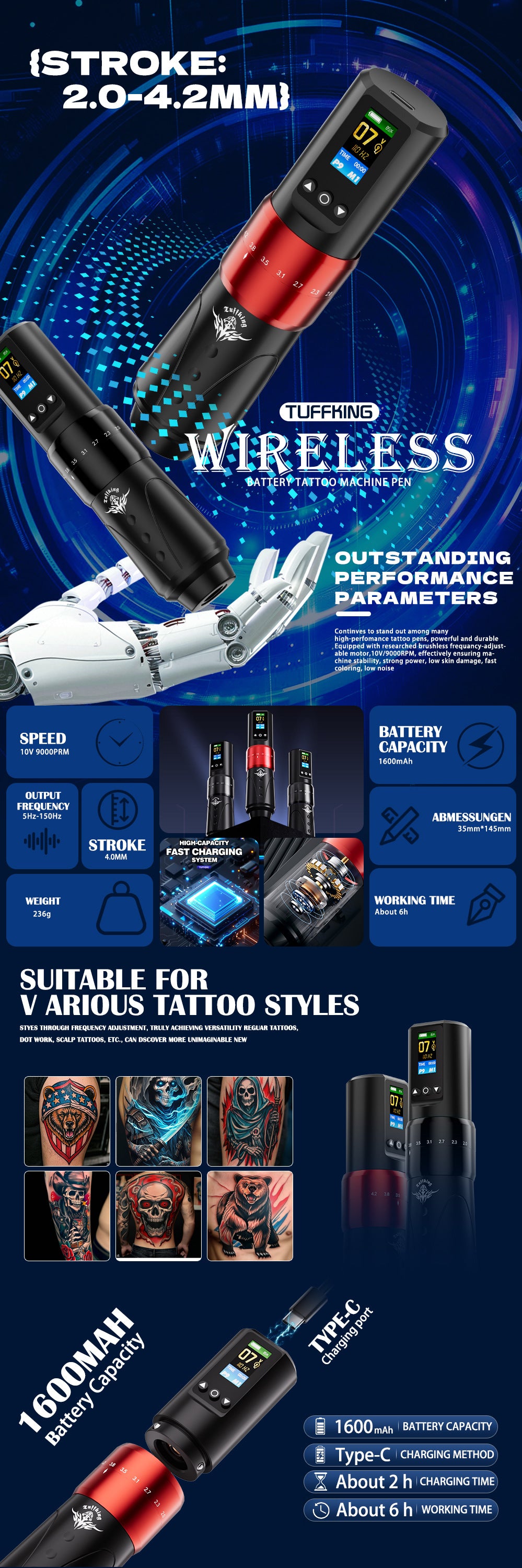 Machine à tatouer sans fil Tuffking avec une batterie
